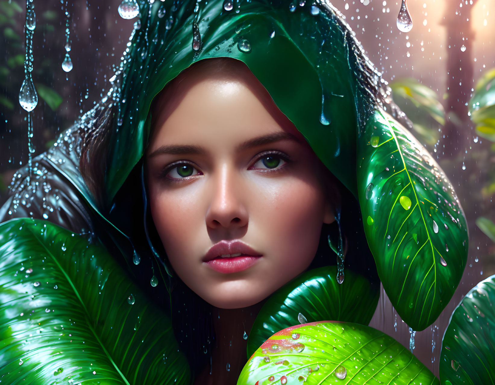 Serene young woman portrait with glossy green leaves and water droplets