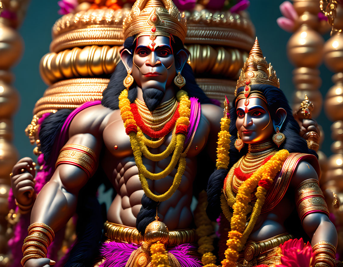 Vibrant Lord Hanuman and Lord Rama statues with gold jewelry on dark blue background