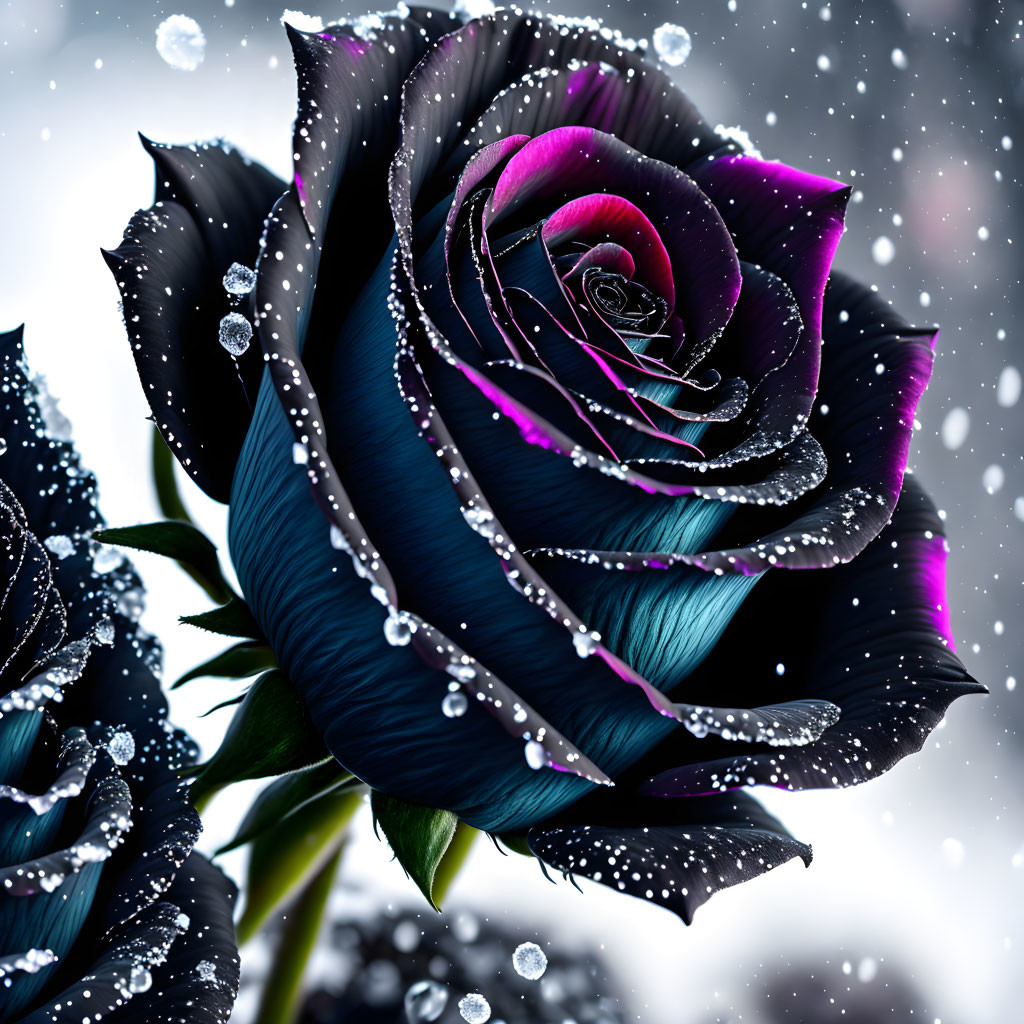 Digitally enhanced rose with black and purple petals and water droplets on snowy background
