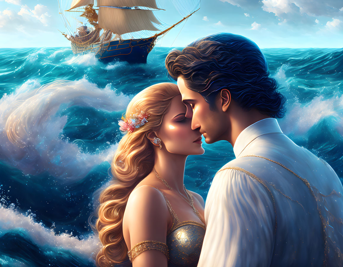 Animated couple kissing by tumultuous ocean waves and sailing ship.