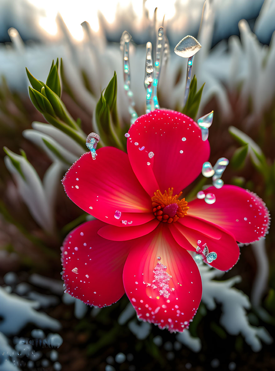 Vibrant red flower with dewdrops on petals and greenery in soft-focus background
