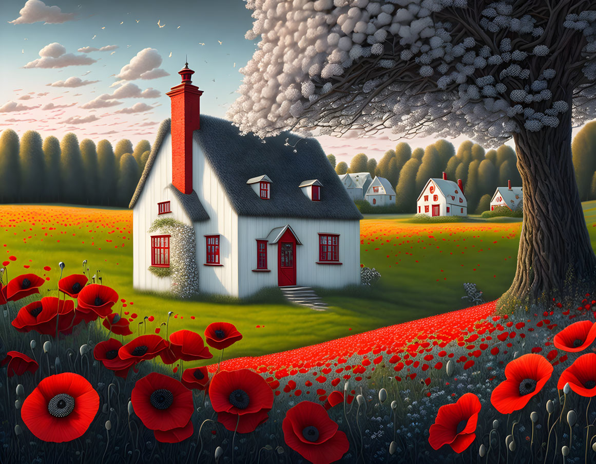 Whimsical illustration of white house with red roof, poppies, and unique tree landscape
