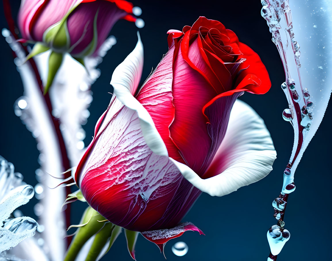 Red rose with white-edged petals and water droplets on dark background