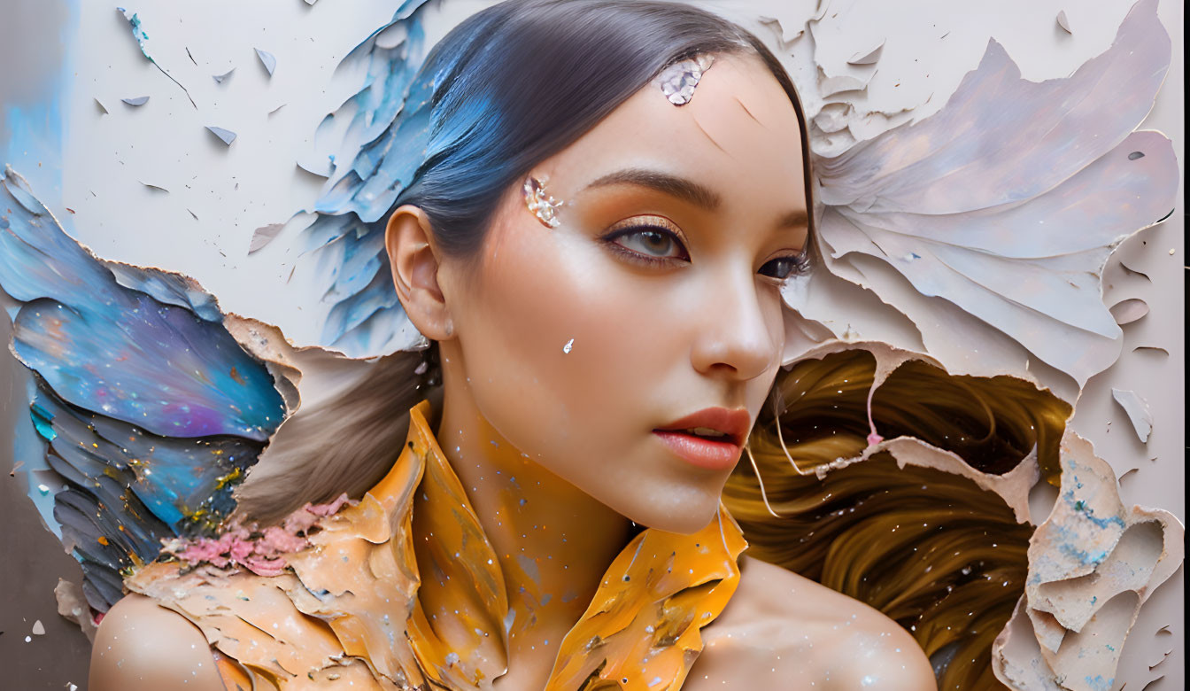 Colorful portrait of a woman with butterfly wing-like makeup on textured backdrop