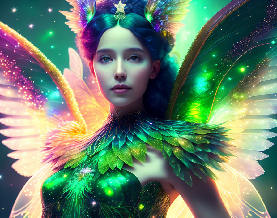 Iridescent Winged Fairy in Vibrant Green Setting