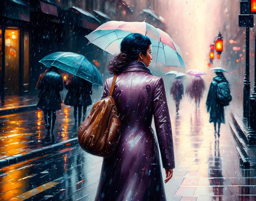 Woman with bag walks in rain under city lights with umbrellas