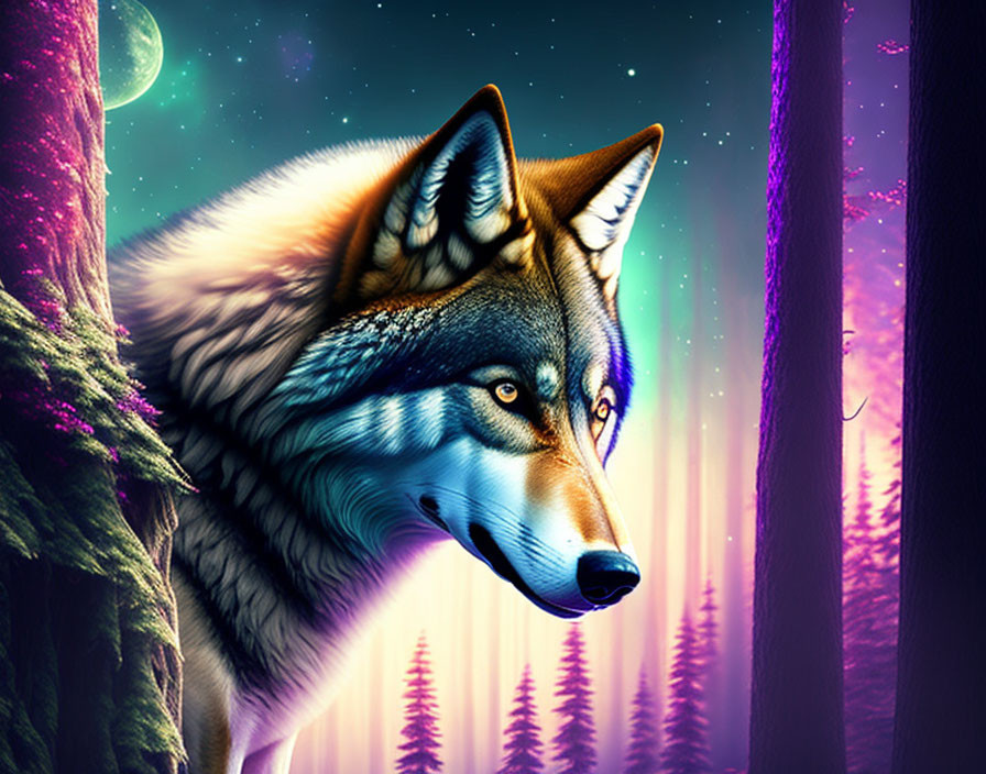 Colorful Wolf Head Artwork with Mystical Forest Background