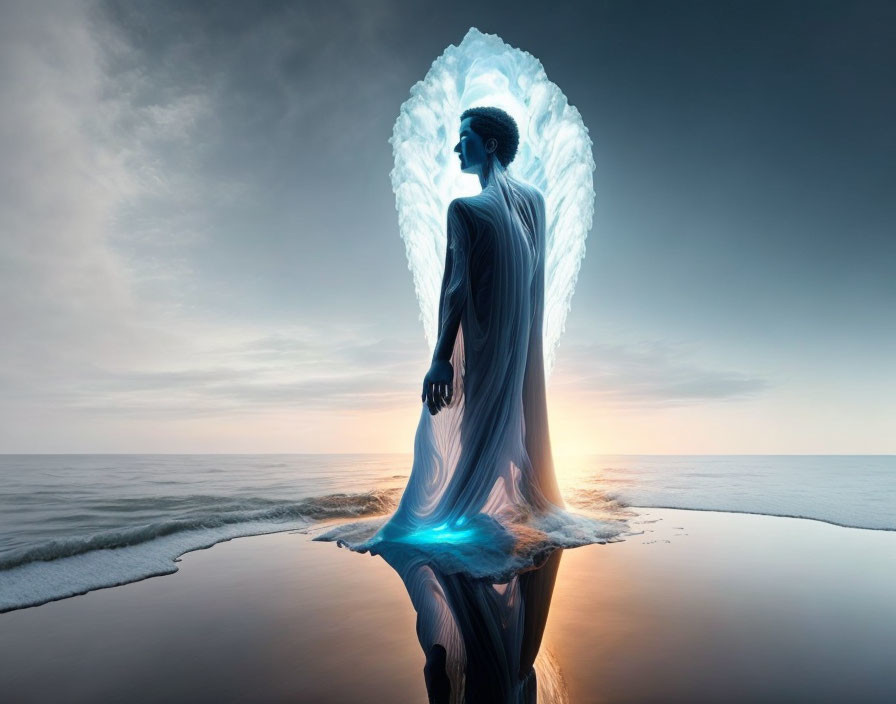 Radiant angelic figure standing on water with glowing wings at sunset