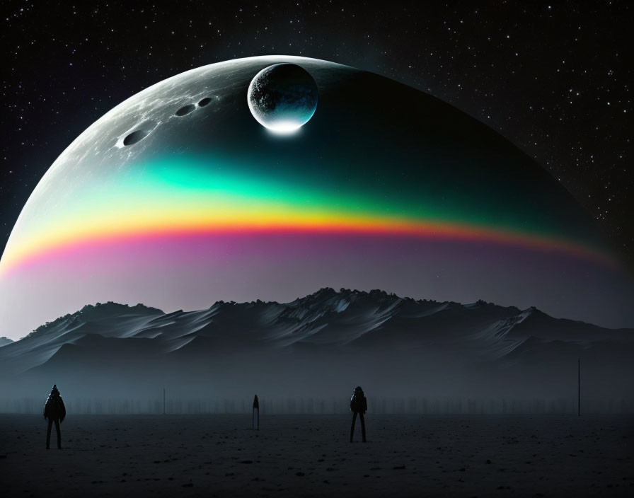 Surreal landscape with figures under night sky, moon, celestial body, and vibrant arc.