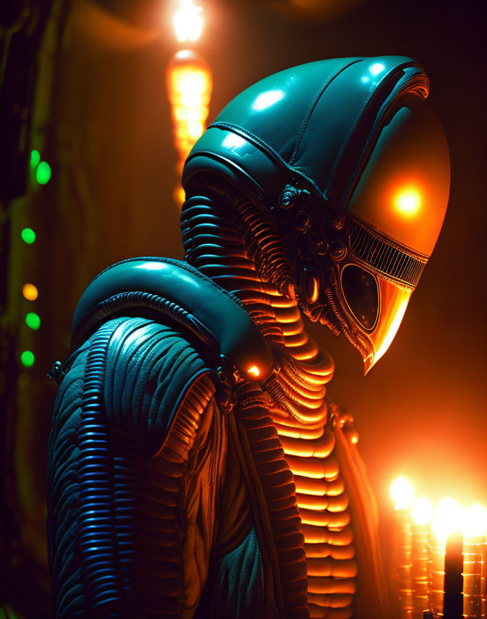 Futuristic figure in sleek helmet and ribbed suit in front of warm glowing light