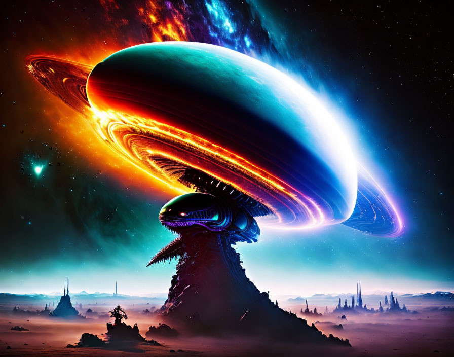 Colorful Sci-Fi Landscape with Ringed Planet, Nebulae, and Alien Creature