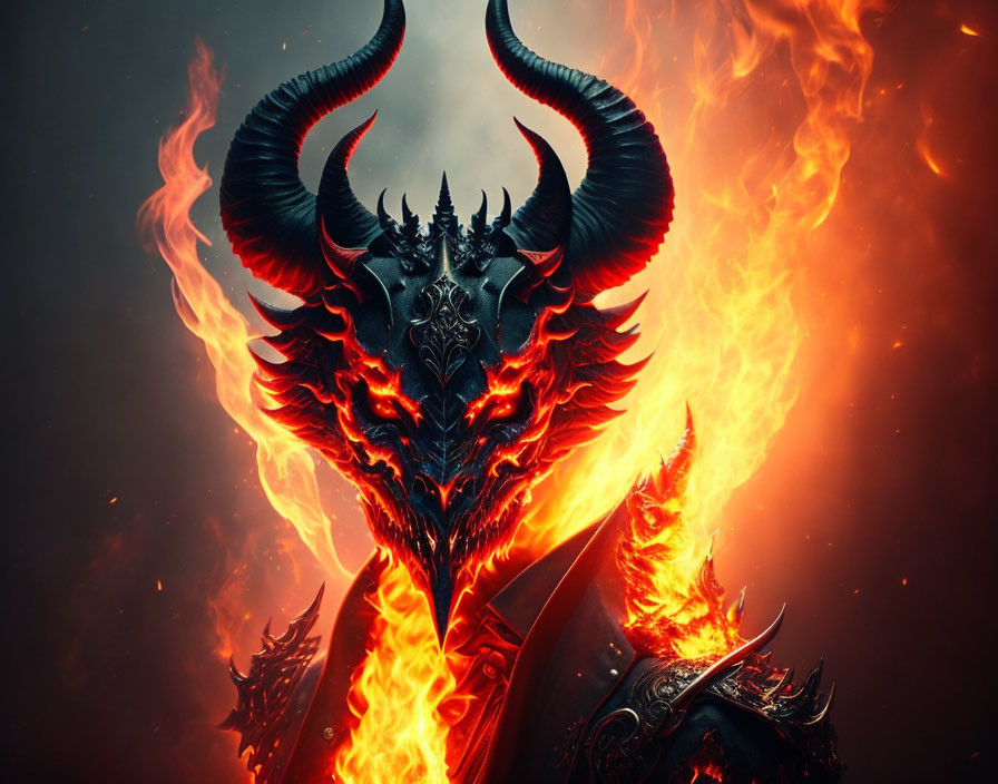Fiery demonic figure with large horns engulfed in flames
