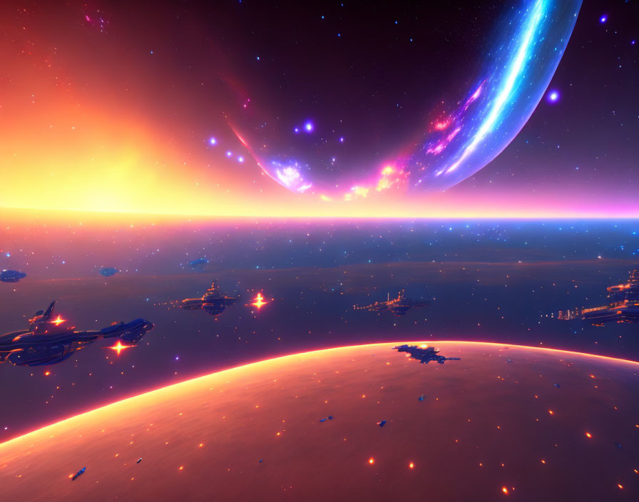 Sci-fi scene: Spaceships orbit planet, galaxy backdrop, glowing horizon in starry cosmos