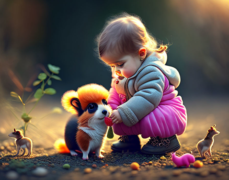 Toddler in pink outfit with cartoon creature and animals in mystical setting