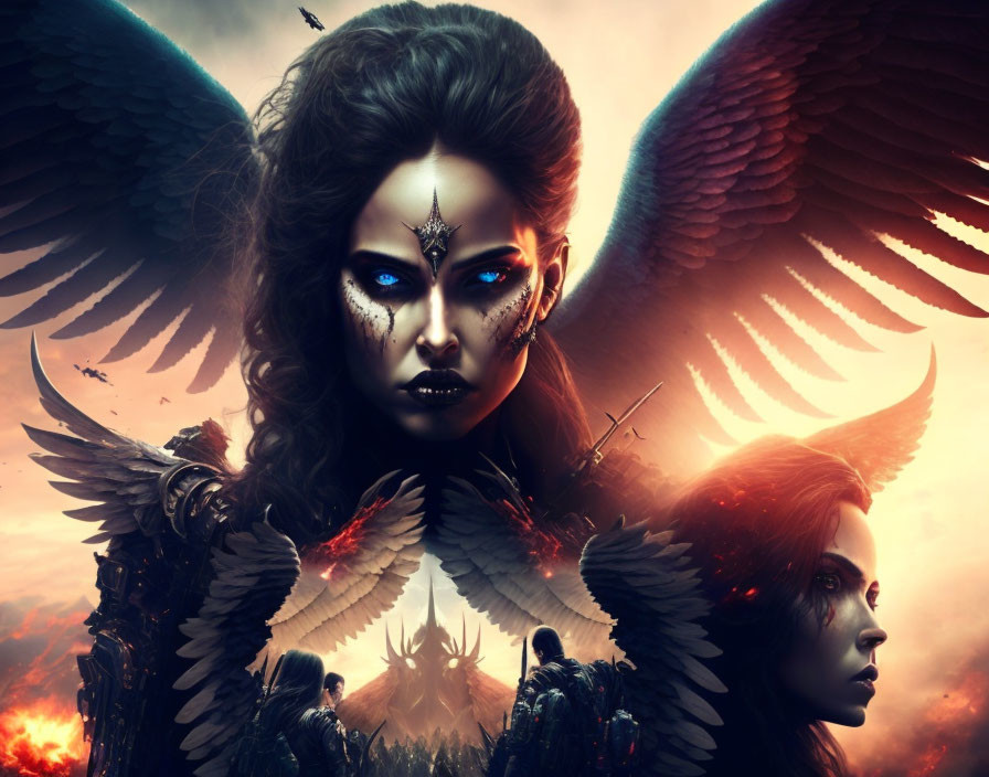 Dark angel wings woman with intense eyes in fantasy artwork