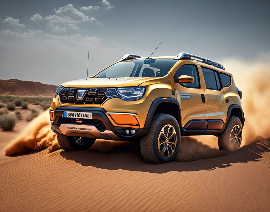 Yellow off-road SUV with roof racks driving through desert sands