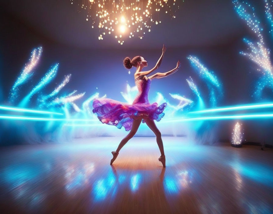 Graceful dancer in pink dress under chandelier and blue neon lights
