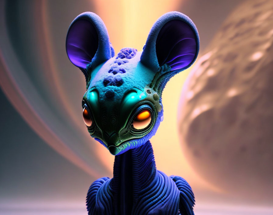 Blue Alien Creature with Large Ears and Orange Eyes in Cosmic Setting