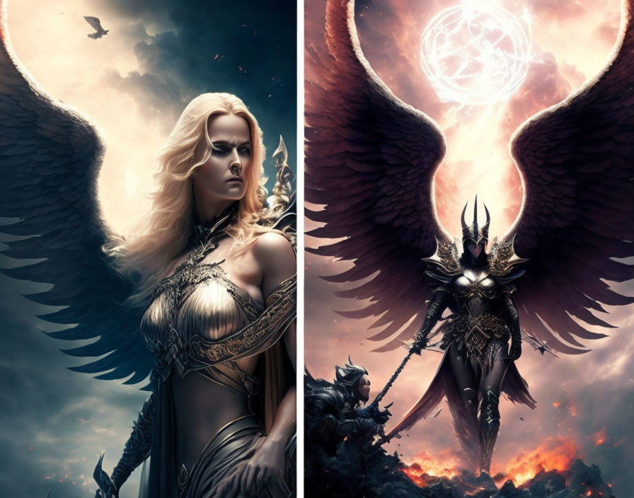 Split image of fantasy figures: angelic woman with white wings and regal attire vs. dark-arm