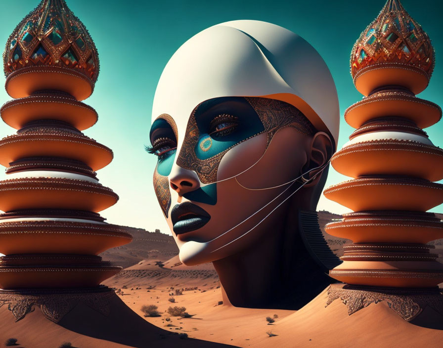 Stylized female figure with desert landscape headpiece