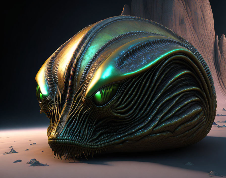 Intricate, alien-like creature with metallic sheen in barren desert landscape