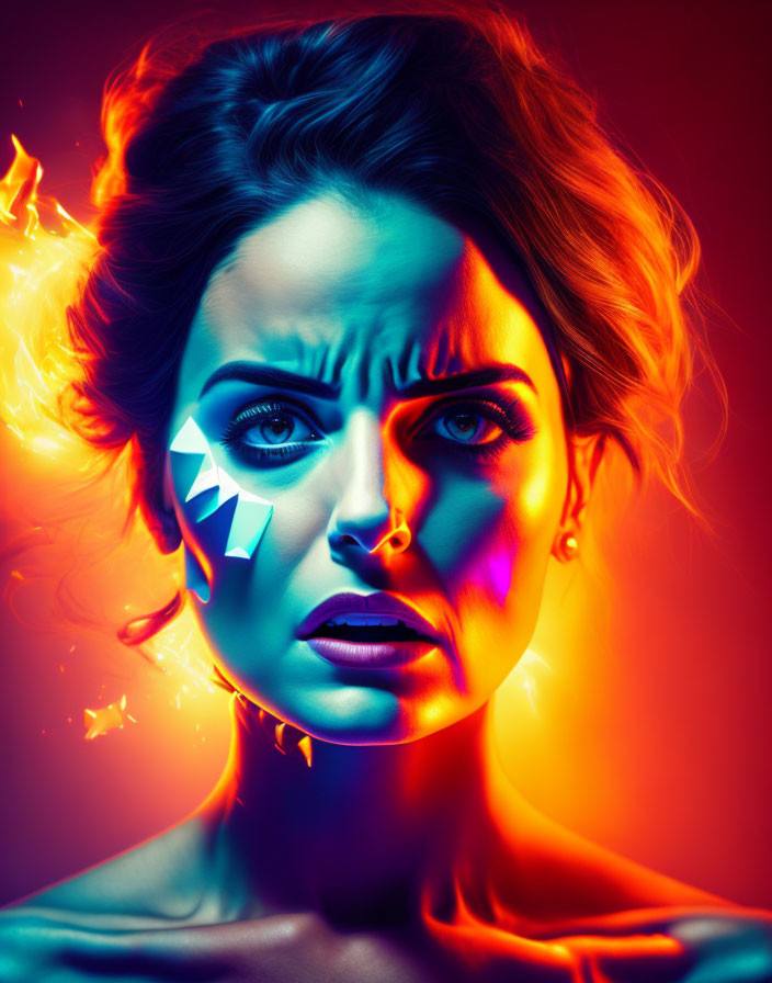 Dramatic portrait of a woman with blue and red lighting and glitch effects