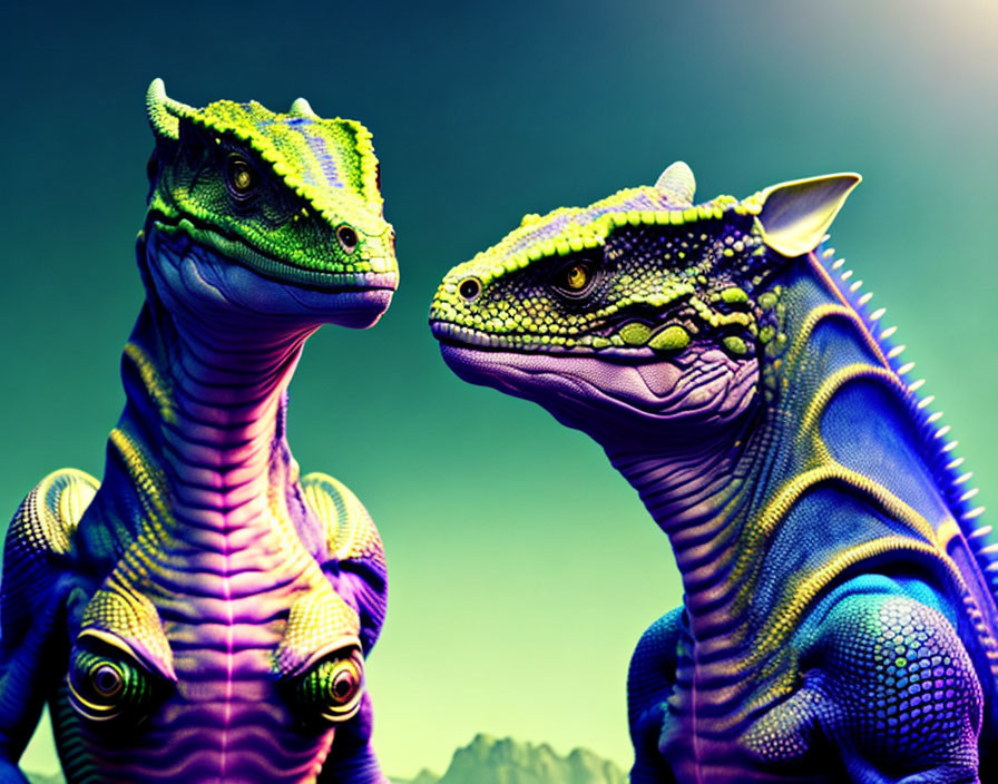 Vibrant blue and yellow dinosaurs in digital art against teal sky