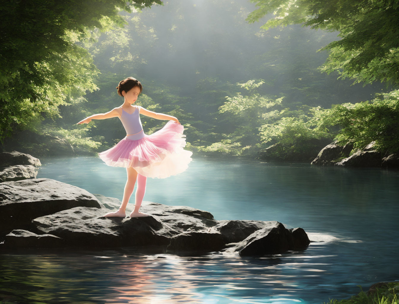 Young ballet dancer in pink tutu poses by serene forest lake