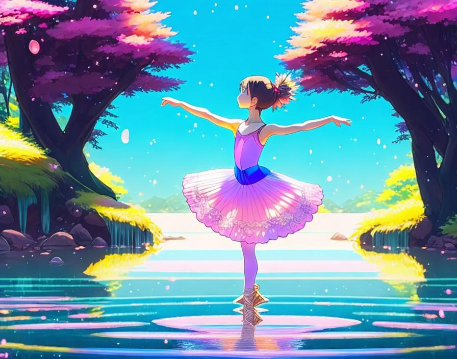 Ballerina dancing on water with cherry blossoms and sunlight