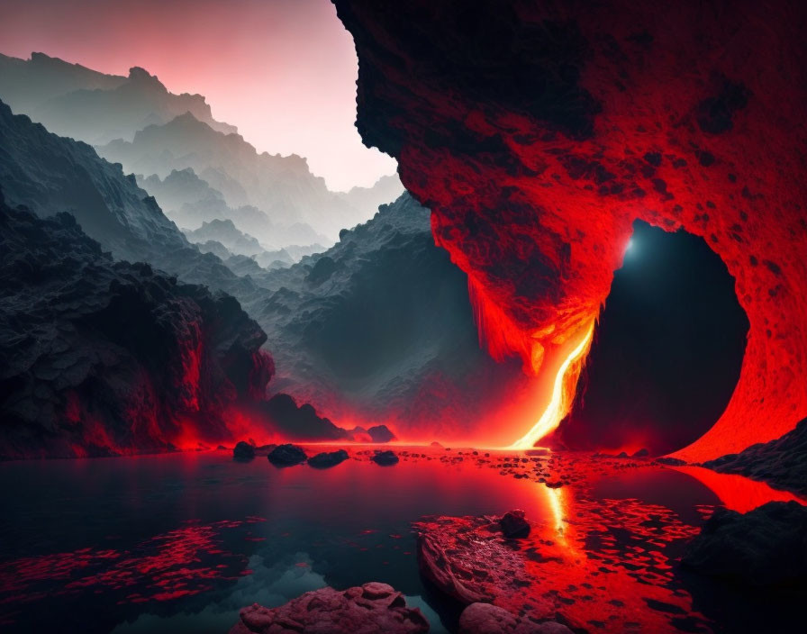 Volcanic cave with glowing lava flowing into red-tinted water