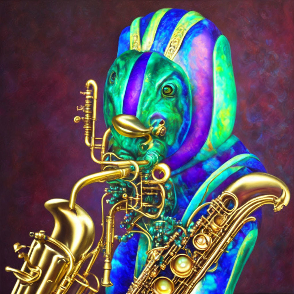 Surreal cephalopod entity playing saxophone in vibrant colors