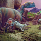 Detailed painting of dinosaurs in prehistoric scene with large brown dino overseeing smaller ones