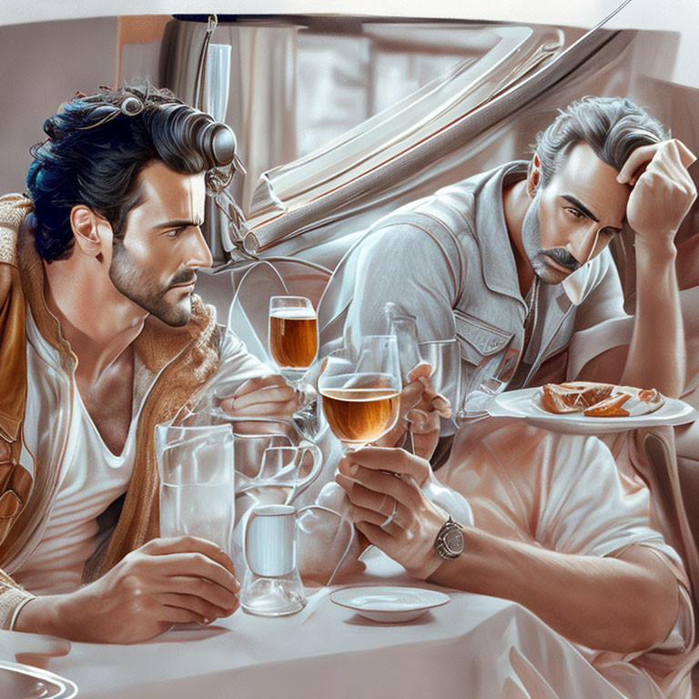 Men conversing over drinks and food in cozy interior