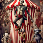 Vintage circus scene with ringmaster, marionette clown, skeleton performer, bulldog, and odd