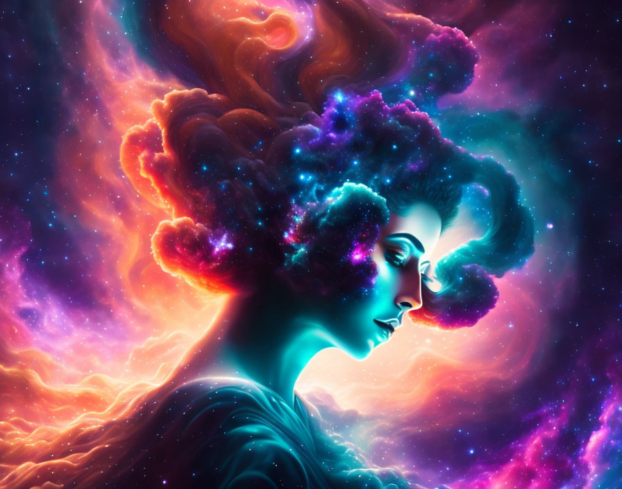 Colorful digital art: Woman's profile merges with cosmic nebula
