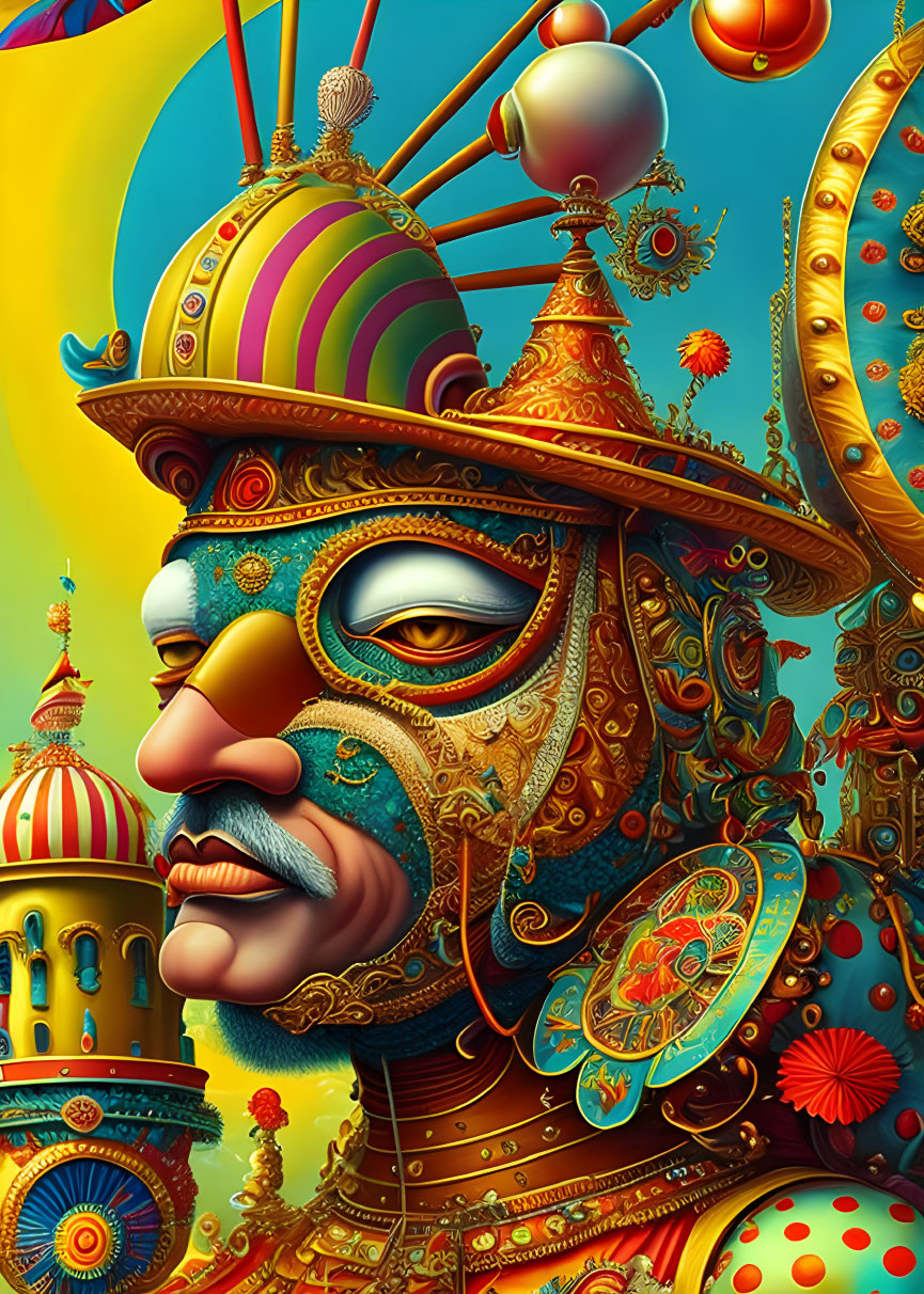 Colorful surreal illustration of figure with elaborate headgear adorned with jewels and intricate details in ornate style