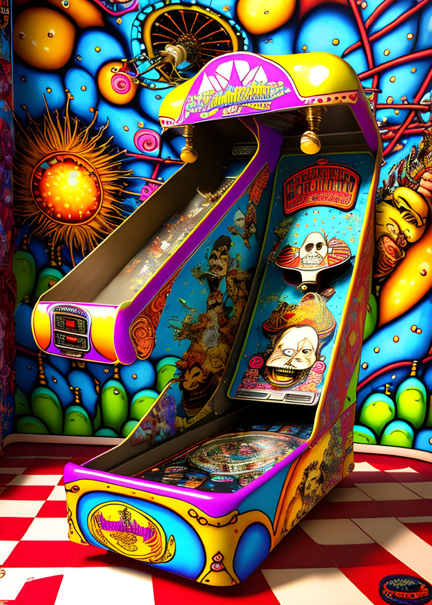 Vibrant Psychedelic-Themed Pinball Machine with Celestial Artwork
