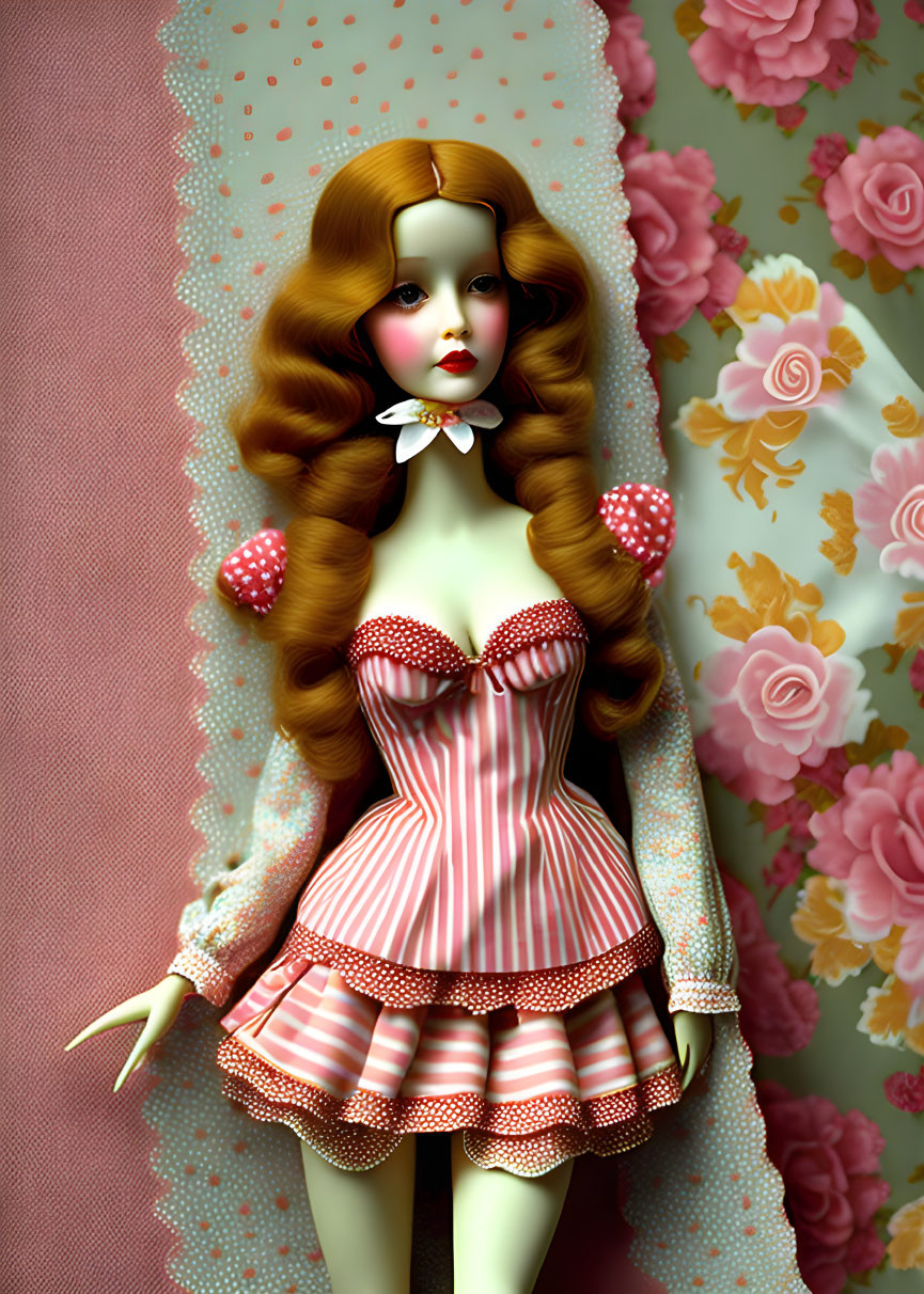 Porcelain doll with wavy brown hair in red striped dress on floral backdrop