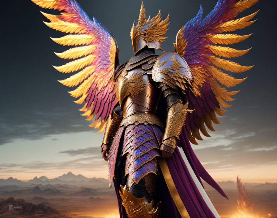 Winged knight in golden armor gazing at desert sunset