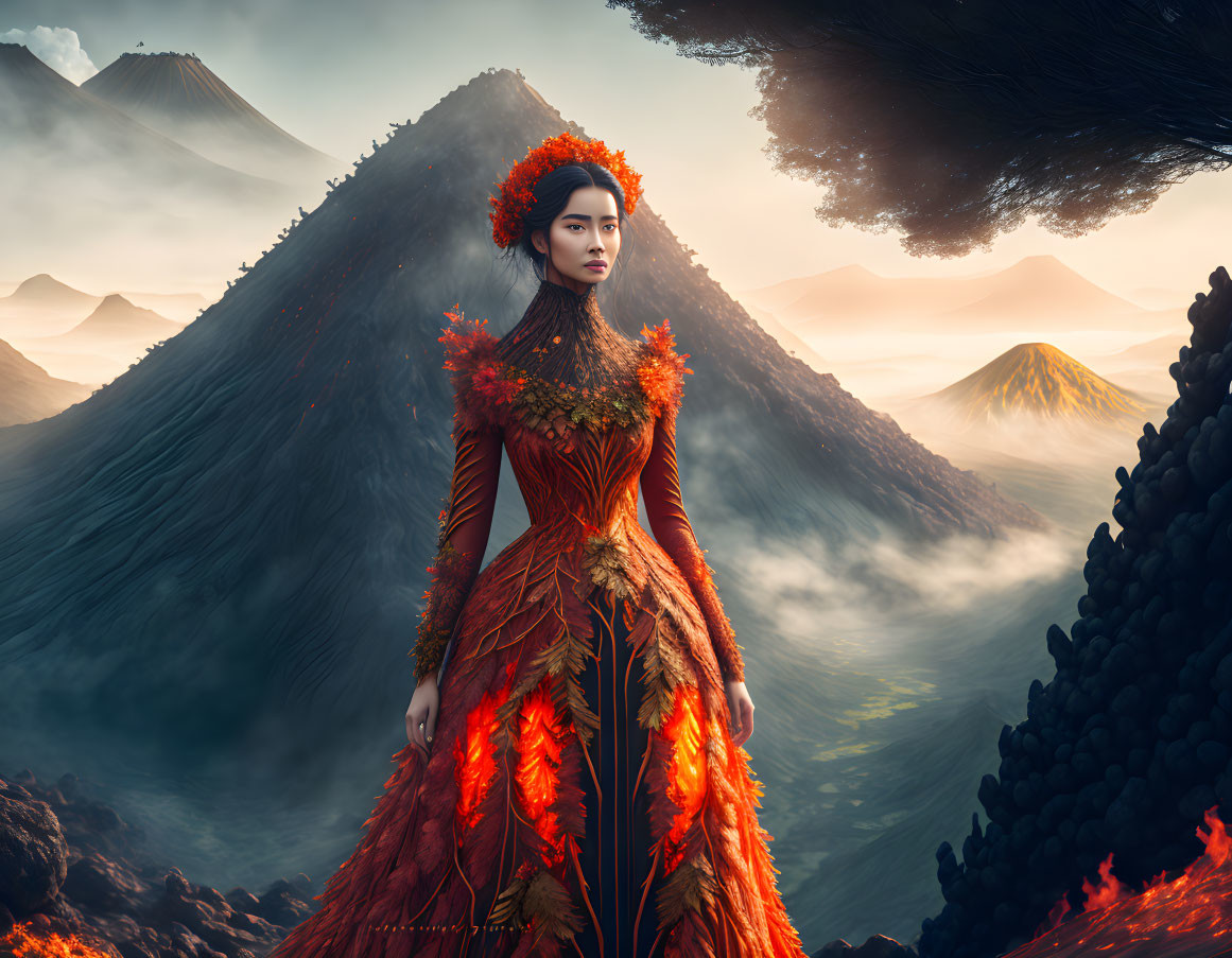 Woman in red leafy dress before misty volcanic landscape.