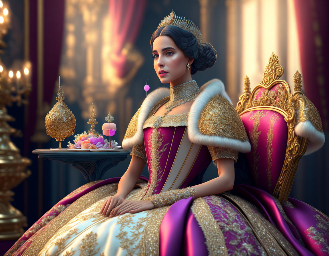 Regal woman in purple and gold dress on throne surrounded by luxury