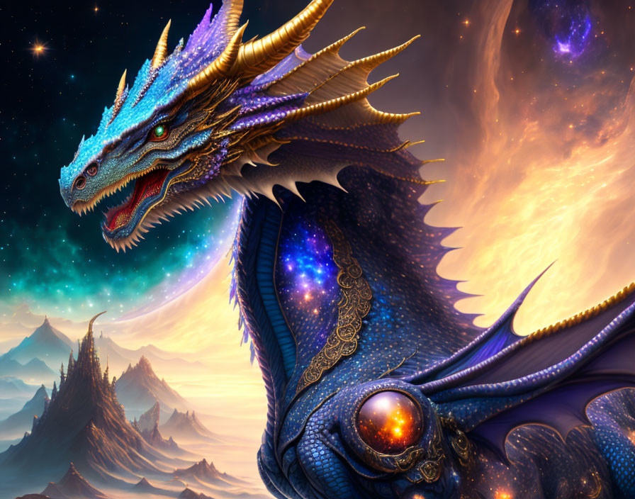 Blue dragon with golden horns in cosmic setting