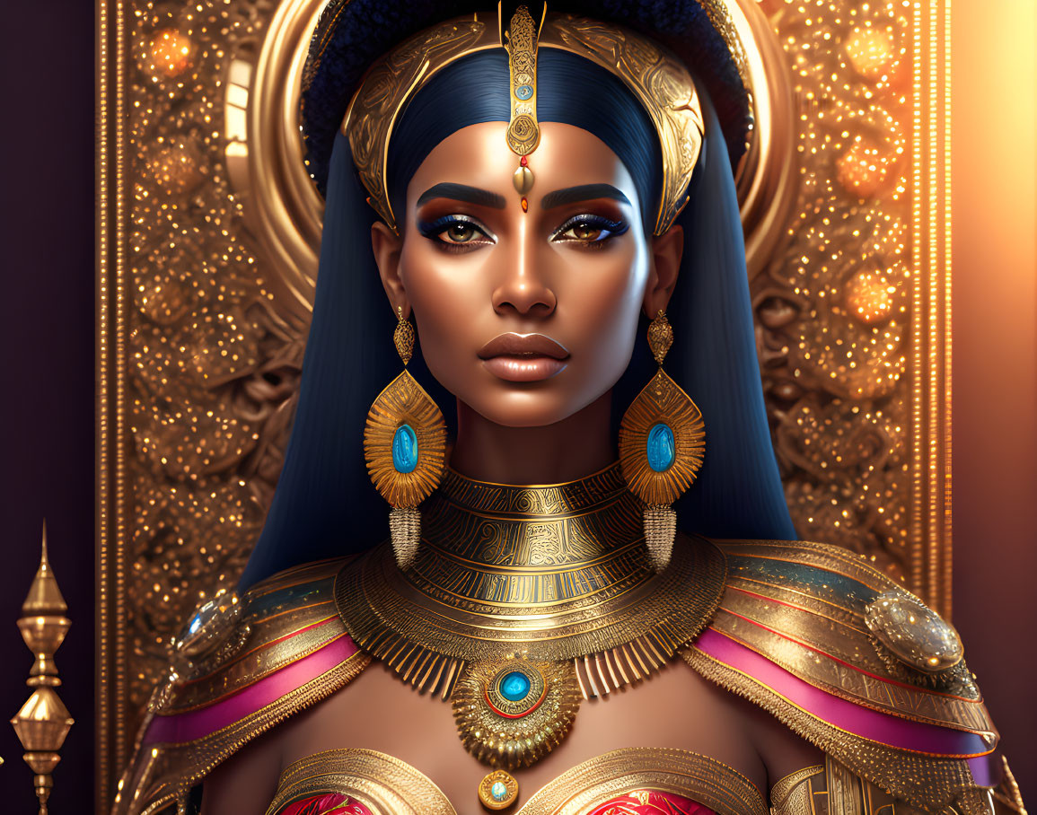 Regal woman in golden jewelry and traditional headgear against ornate backdrop