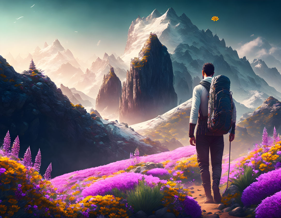 Hiker admiring purple flowers and mountainscape
