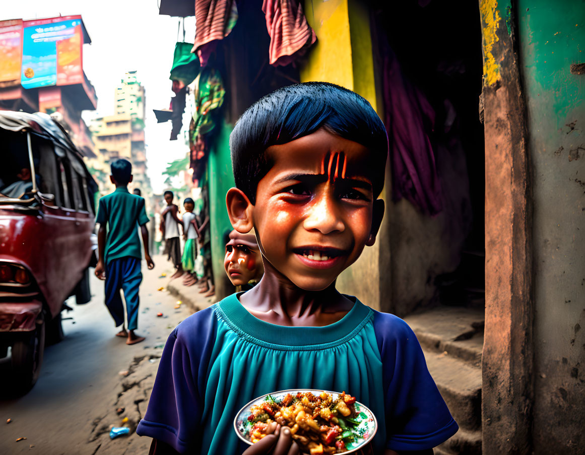 Child smiling with food in colorful street scene