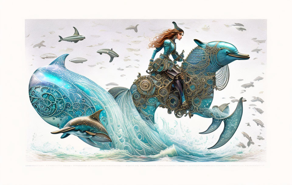 Mechanized dolphin rider surrounded by fish on creamy backdrop