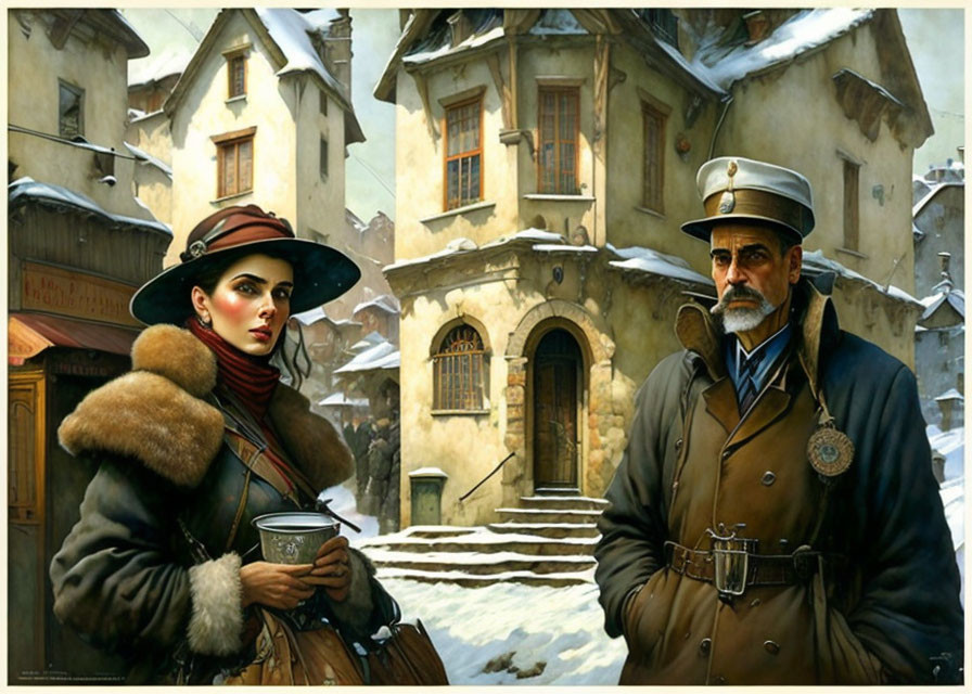 Elegant woman and uniformed man in snowy cityscape