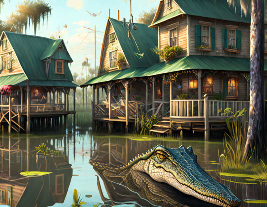 Stilt houses near river with greenery, clear sky, and alligator.