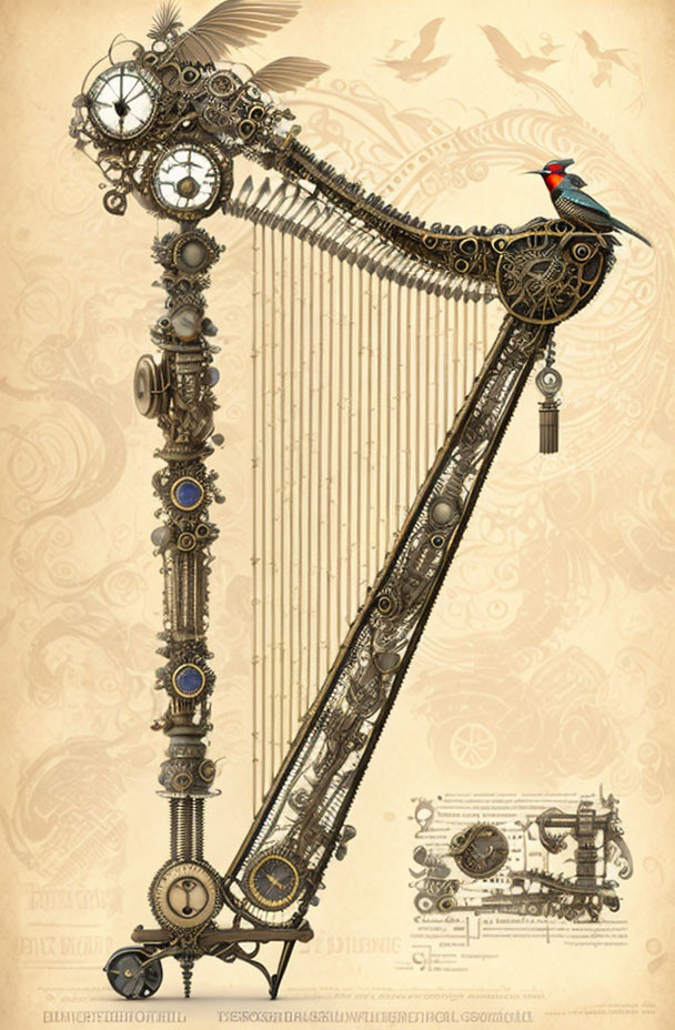 Detailed Steampunk Harp Illustration with Mechanical Gears and Bird