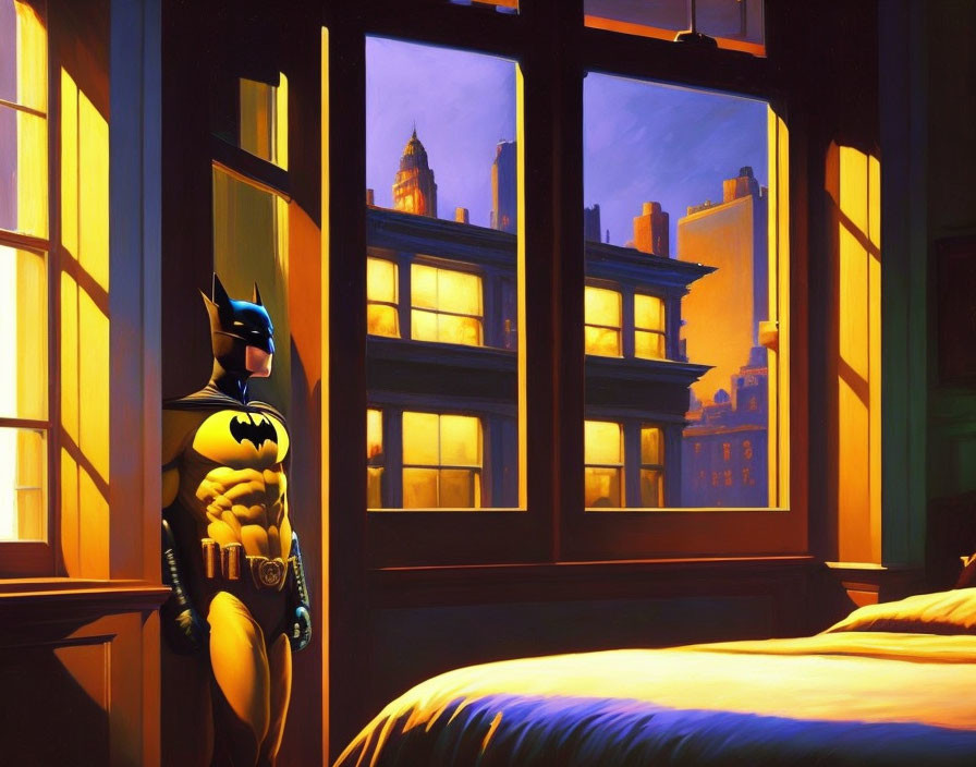 Brooding superhero gazes out window at night cityscape